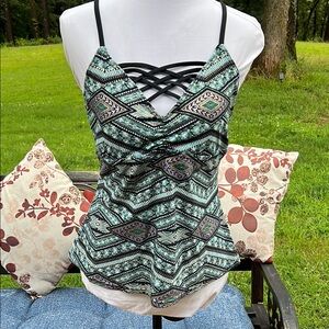 Ambrielle Green and Blue Asymmetrical Cut Out Tankini Top …..760